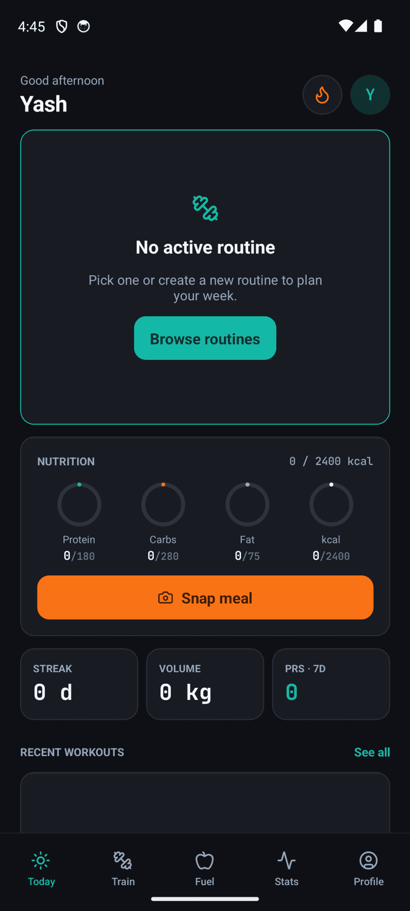 Today tab — routine + macros + streak