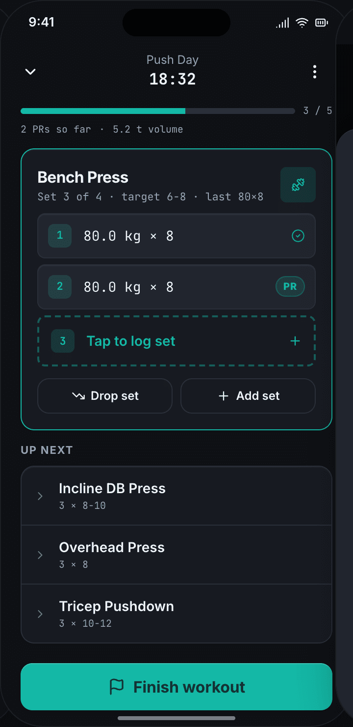 Active workout — set logger